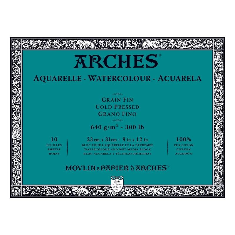 Arches Aquarelle Bianco Naturale, blocco collato 4 lati, 10 fogli, cm 23x31, grana fine, 640gr/mq