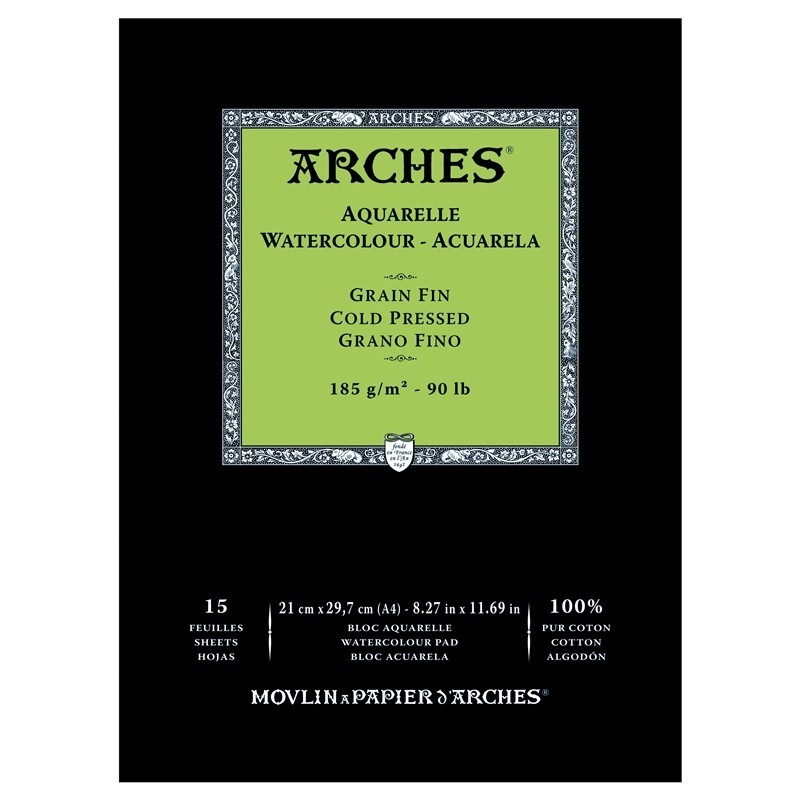 Arches Aquarelle Bianco Naturale, blocco collato 1 lato, 15 fogli, cm 21x29,7, grana fine, 185gr/mq