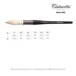 Tintoretto Serie n.1412 Aquasoft, linea Feltracco Classic, pennello in pelo di capra bianco a punta tonda, manico corto